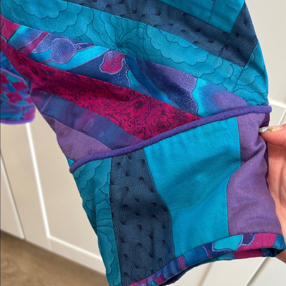 Boho Patchwork Open-Front Women's Sweater Jacket in Teal & Purple - Picture 5 of 9